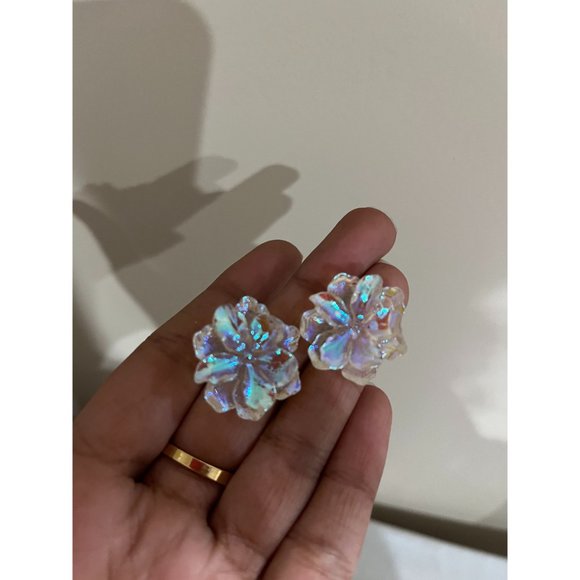 Chunky Clear Acrylic earring studs flower white ice large holographic acrylic - Picture 2 of 7